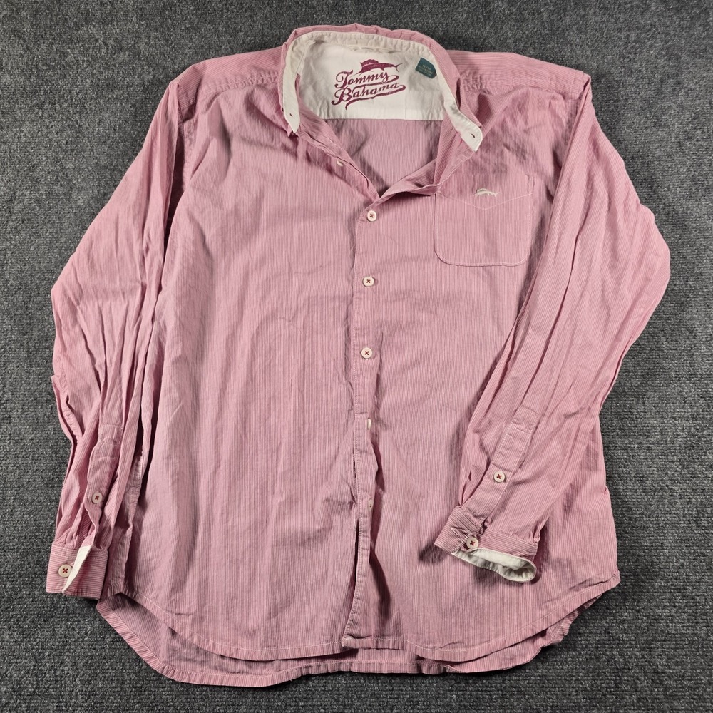Tommy Bahama Pink Stripe Button Front Shirt Men XL Long Sleeve 100% Cotton